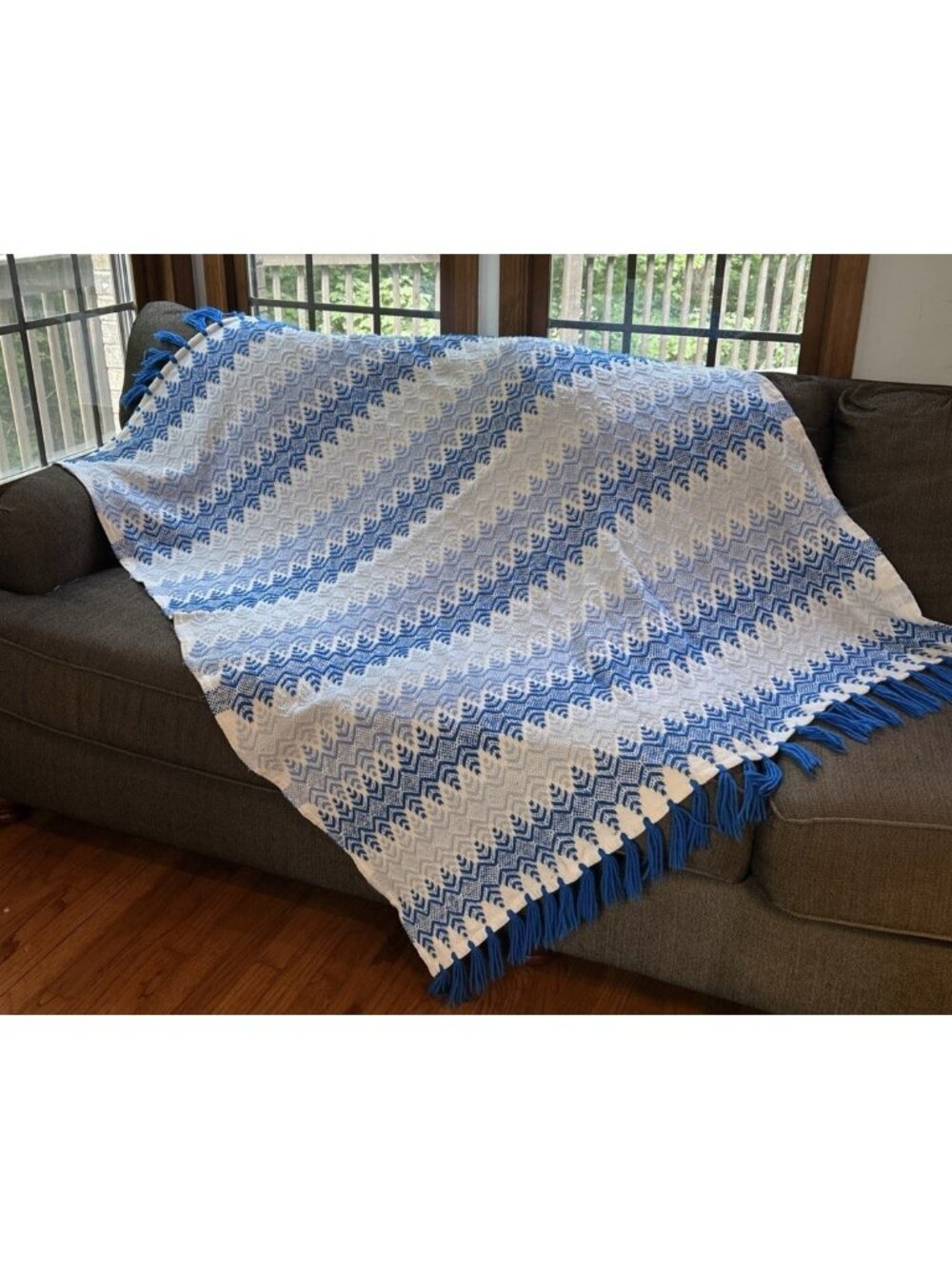 Vintage Throw Hand Made Crochet Afghan Lap Blanket 2 Tone Blue and White 64x51”